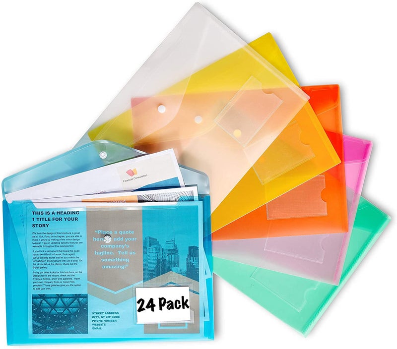 Manaloom Plastic Envelopes, Poly File Folders, Transparent Document Folders | US Letter A4 Sheet Size | Snap Button Closure with Front Business Card Label Slot | for Home, Office, School Organization, 24 Pack - Image 1
